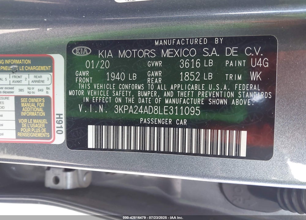 2020 KIA RIO VIN: 3KPA24AD8LE311095