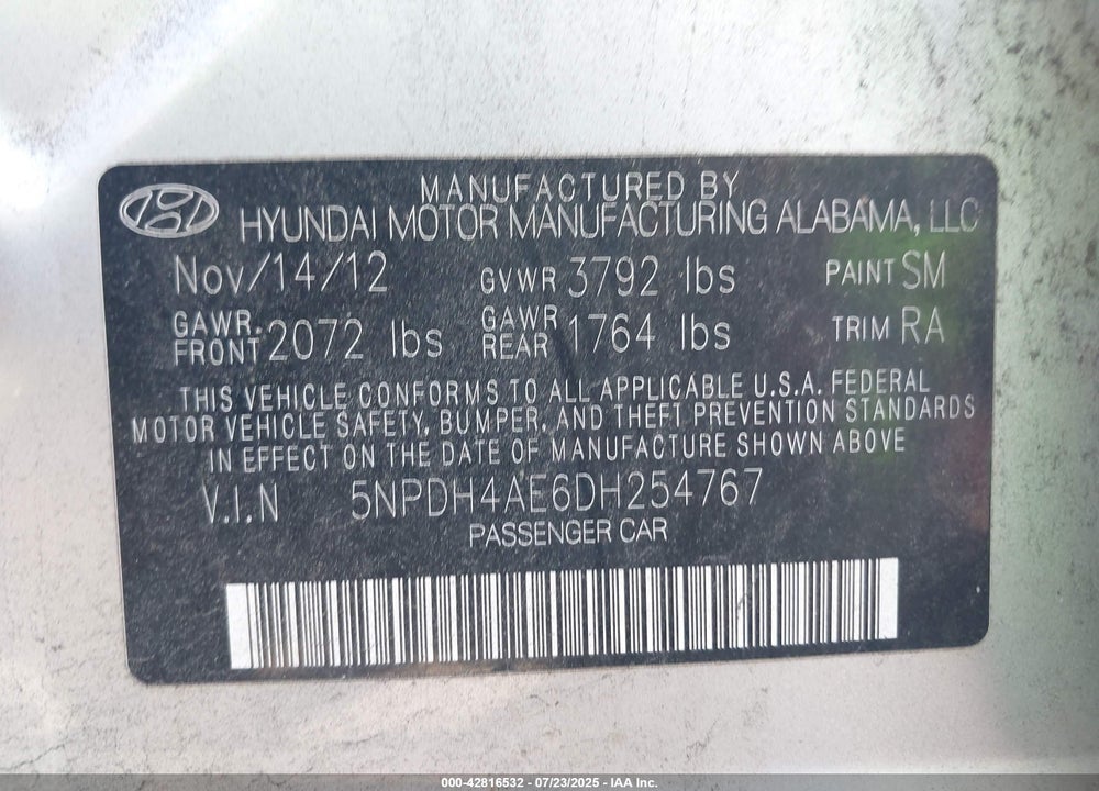 2013 HYUNDAI ELANTRA VIN: 5NPDH4AE6DH254767