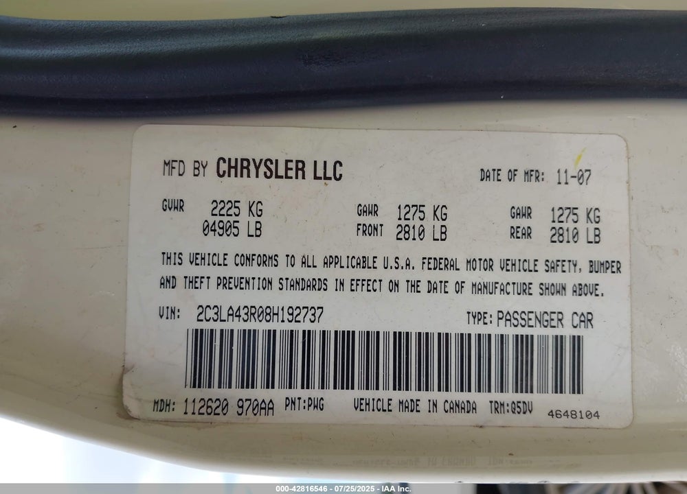 2008 CHRYSLER 300 VIN: 2C3LA43R08H192737