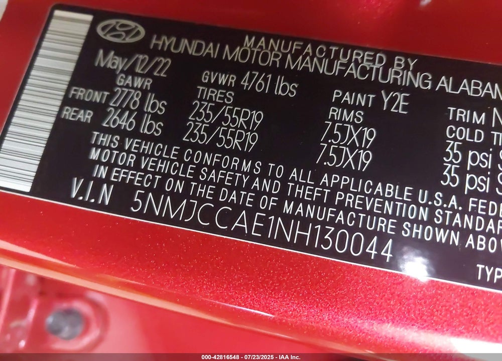 2022 HYUNDAI TUCSON VIN: 5NMJCCAE1NH130044