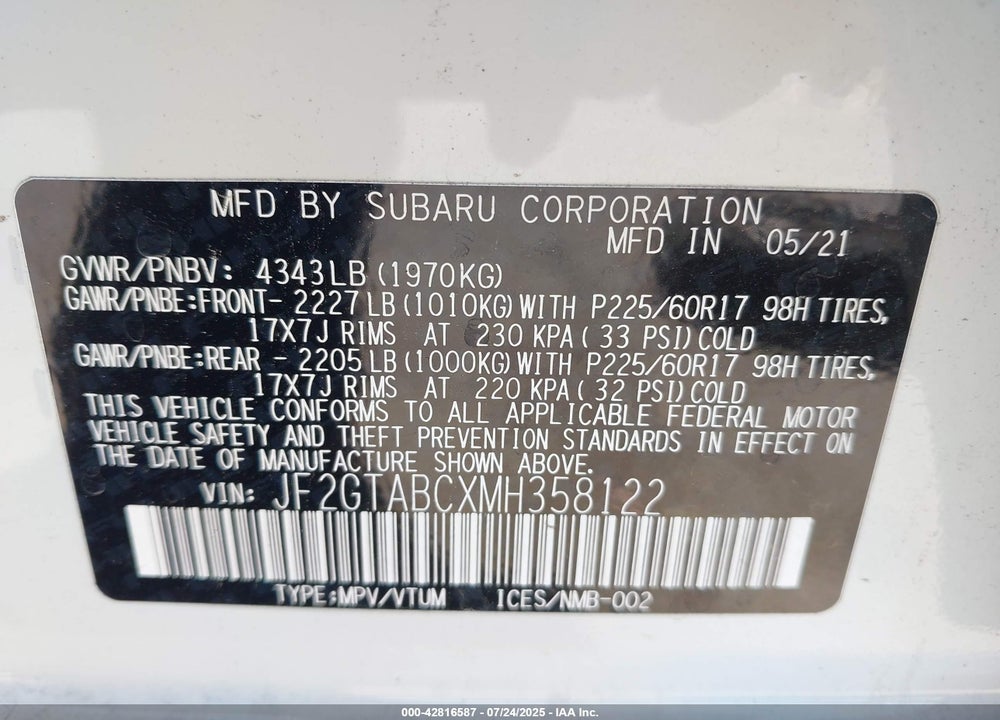 2021 SUBARU CROSSTREK VIN: JF2GTABCXMH358122