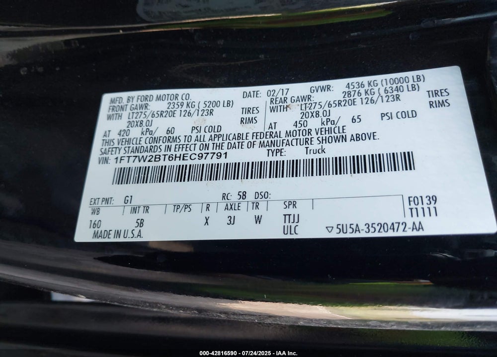 2017 FORD F-250 VIN: 1FT7W2BT6HEC97791
