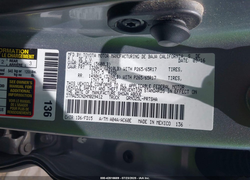 2017 TOYOTA TACOMA VIN: 3TMAZ5CN2HM029412