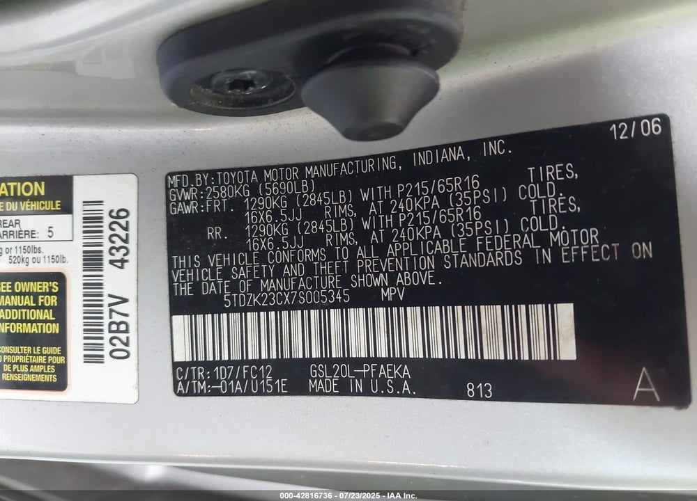 2007 TOYOTA SIENNA VIN: 5TDZK23CX7S005345