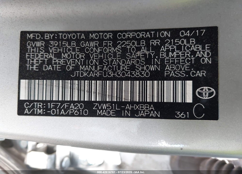 2017 TOYOTA PRIUS VIN: JTDKARFU3H3043830