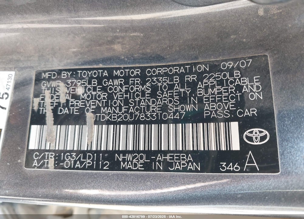 2008 TOYOTA PRIUS VIN: JTDKB20U783310447