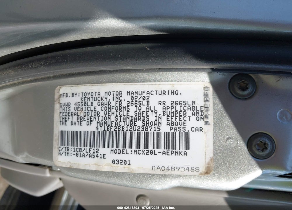 2002 TOYOTA AVALON VIN: 4T1BF28B12U238715