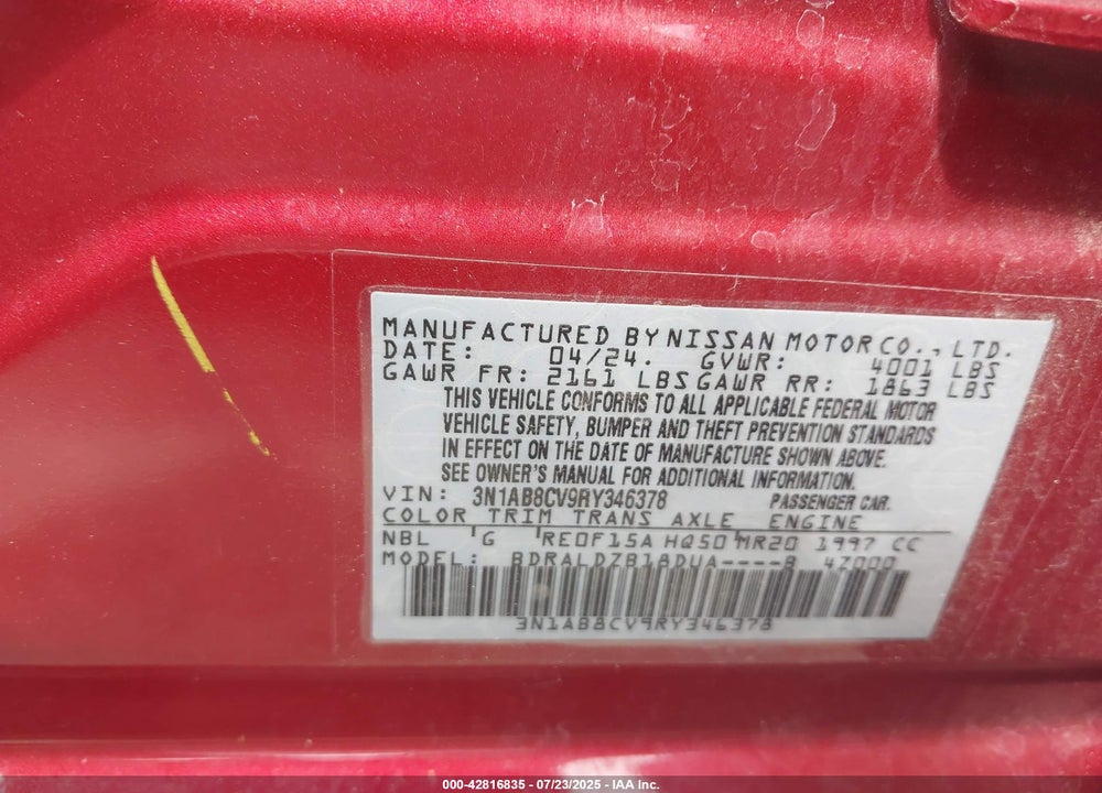 2024 NISSAN SENTRA VIN: 3N1AB8CV9RY346378