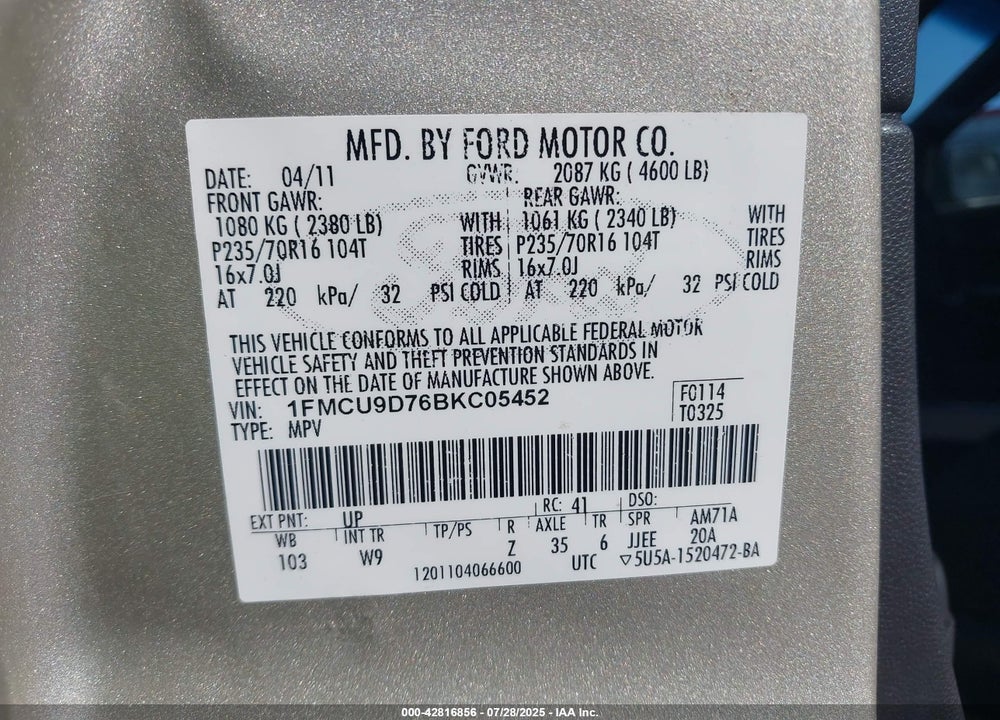 2011 FORD ESCAPE VIN: 1FMCU9D76BKC05452
