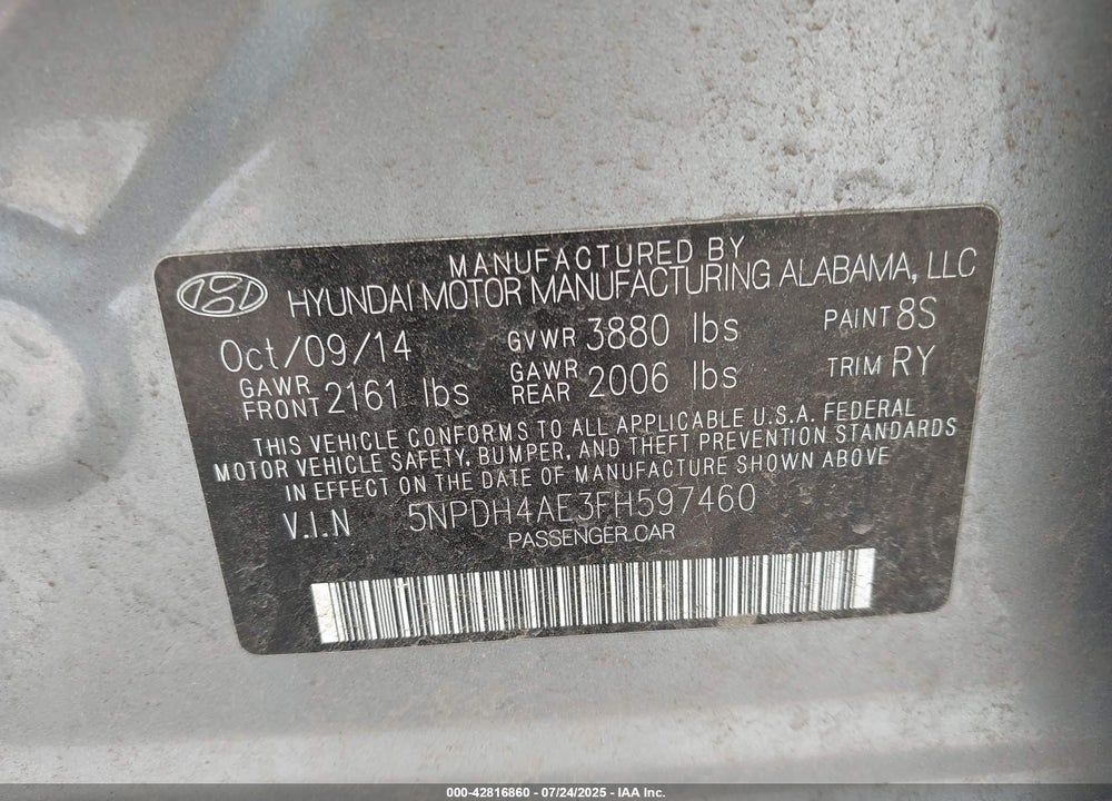 2015 HYUNDAI ELANTRA VIN: 5NPDH4AE3FH597460