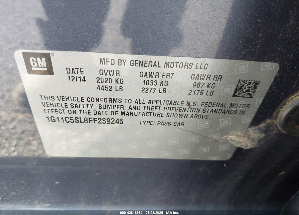 2015 CHEVROLET MALIBU VIN: 1G11C5SL8FF239245