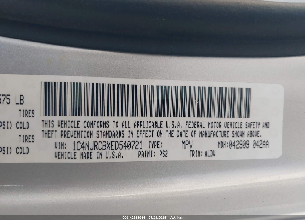 2014 JEEP PATRIOT VIN: 1C4NJRCBXED540721
