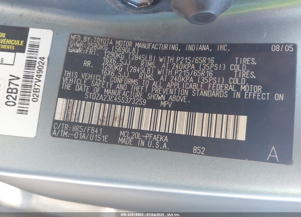 2005 TOYOTA SIENNA VIN: 5TDZA23C45S373259
