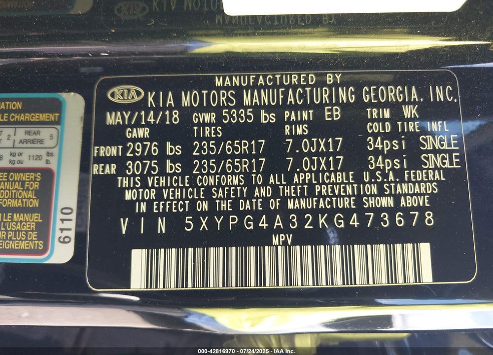 2019 KIA SORENTO VIN: 5XYPG4A32KG473678