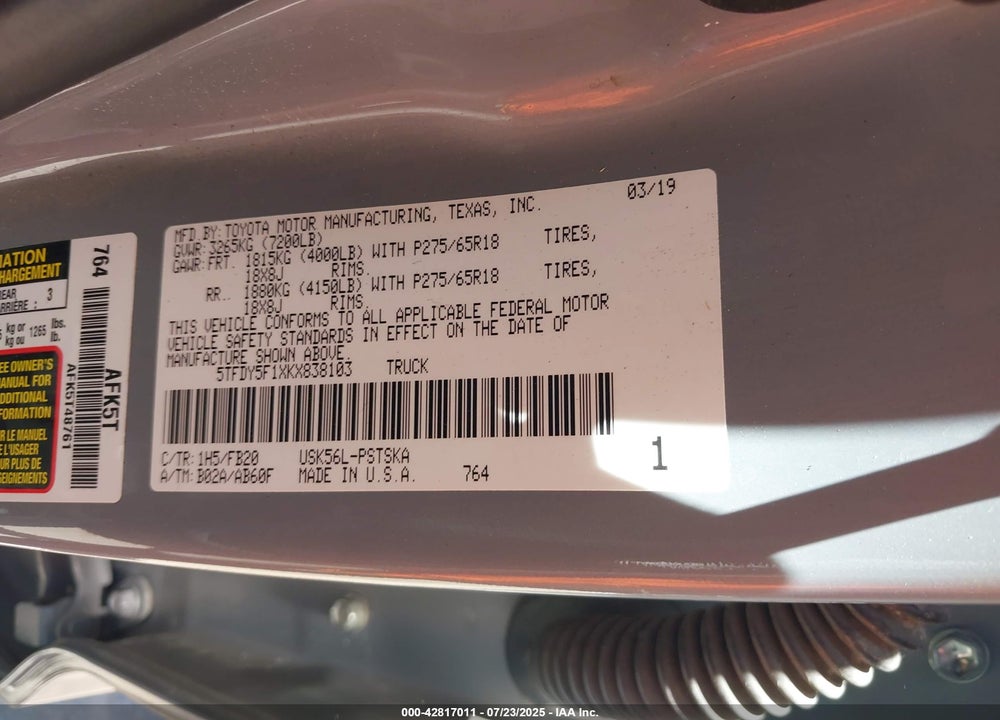 2019 TOYOTA TUNDRA VIN: 5TFDY5F1XKX838103