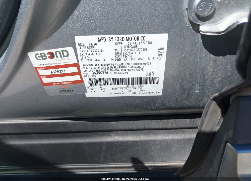 2020 FORD EXPLORER VIN: 1FMSK7DH6LGB93046