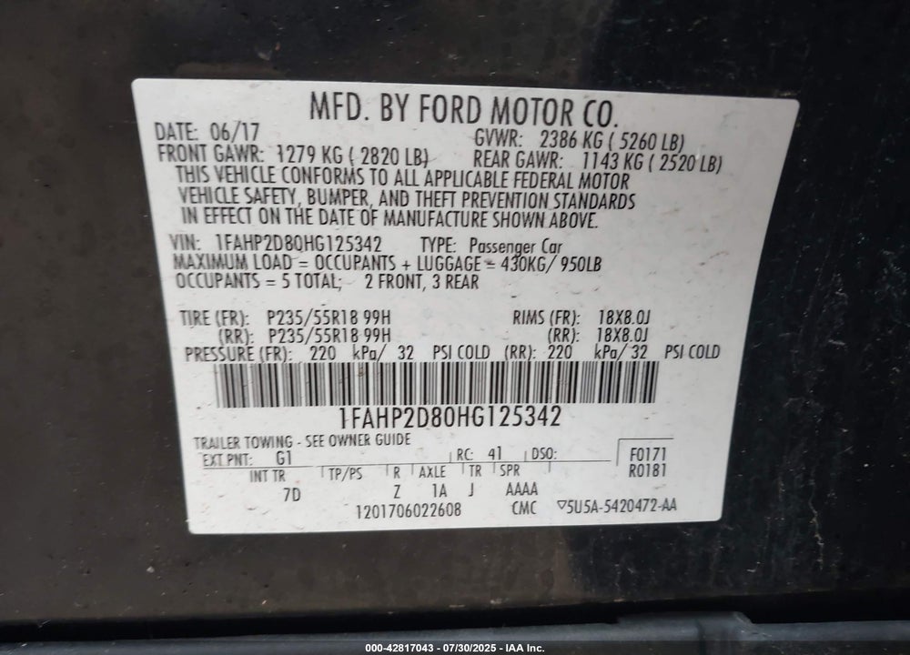 2017 FORD TAURUS VIN: 1FAHP2D80HG125342