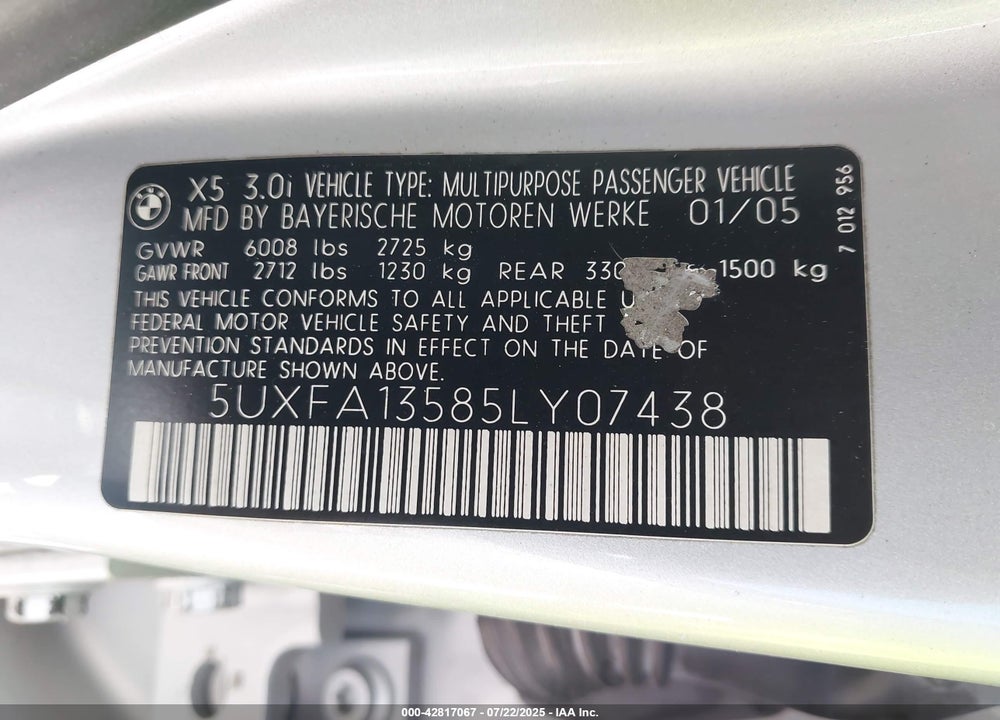 2005 BMW X5 3.0I VIN: 5UXFA13585LY07438
