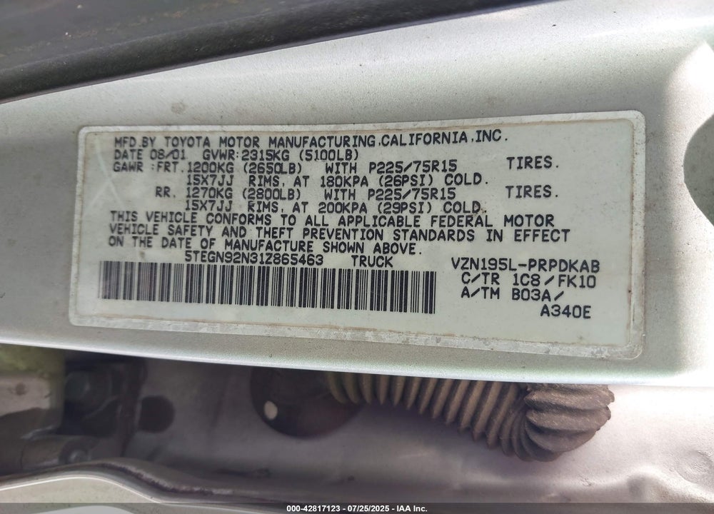 2001 TOYOTA TACOMA VIN: 5TEGN92N31Z865463