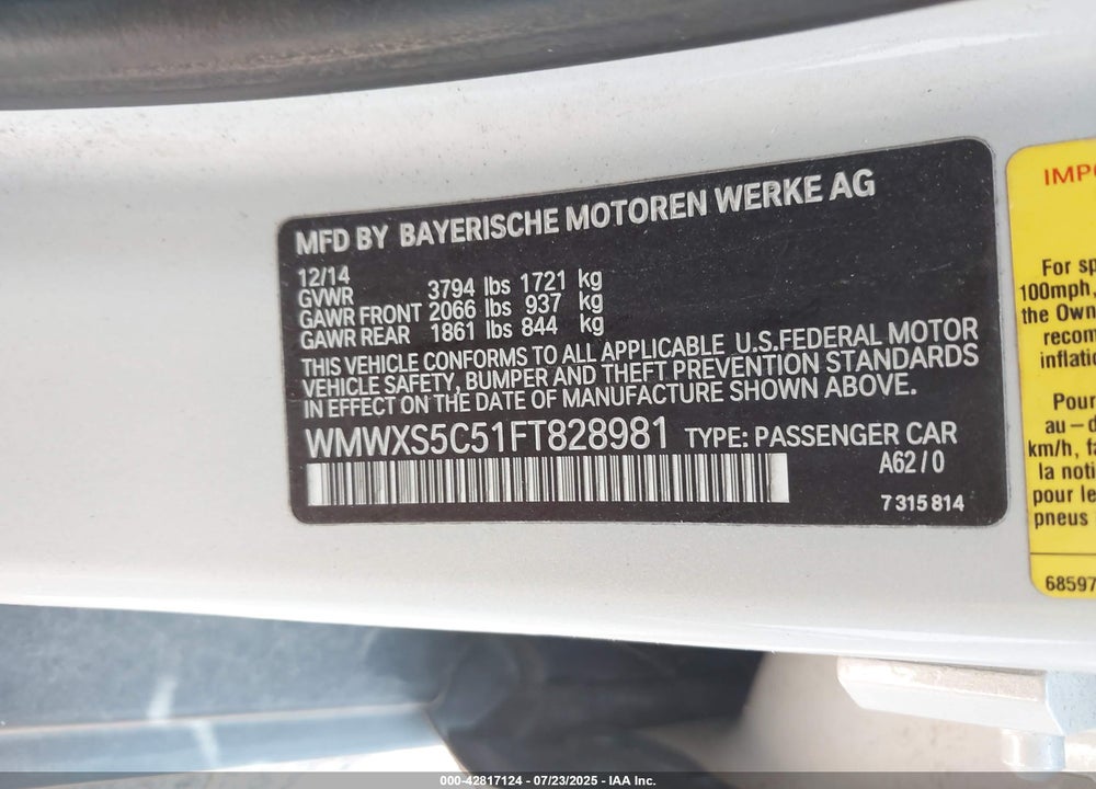 2015 MINI COOPER VIN: WMWXS5C51FT828981