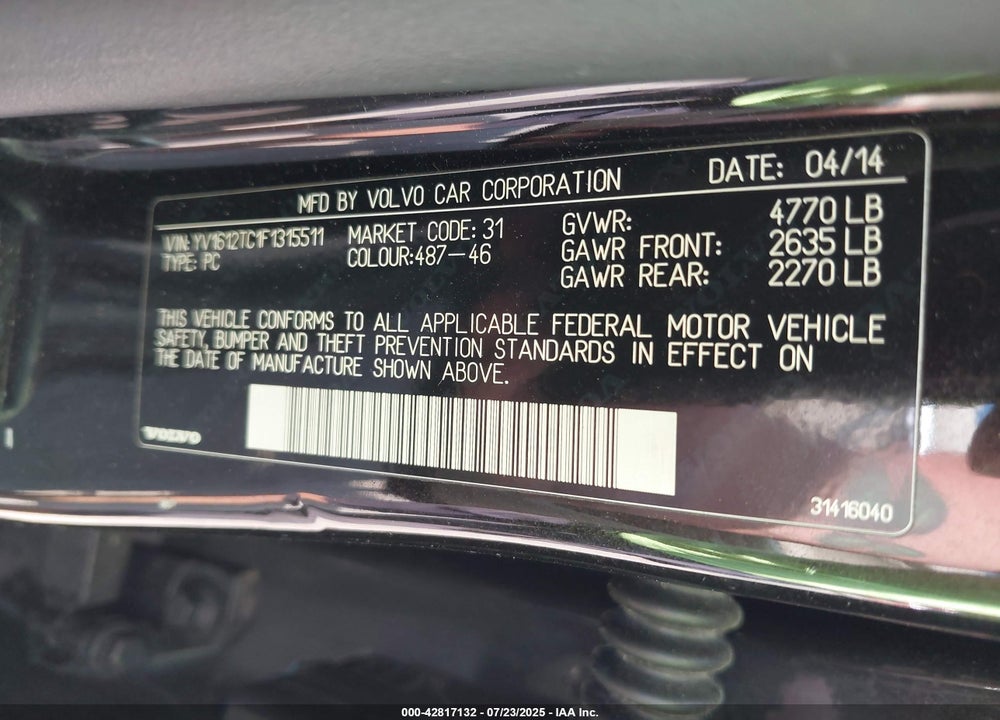 2015 VOLVO S60 VIN: YV1612TC1F1315511
