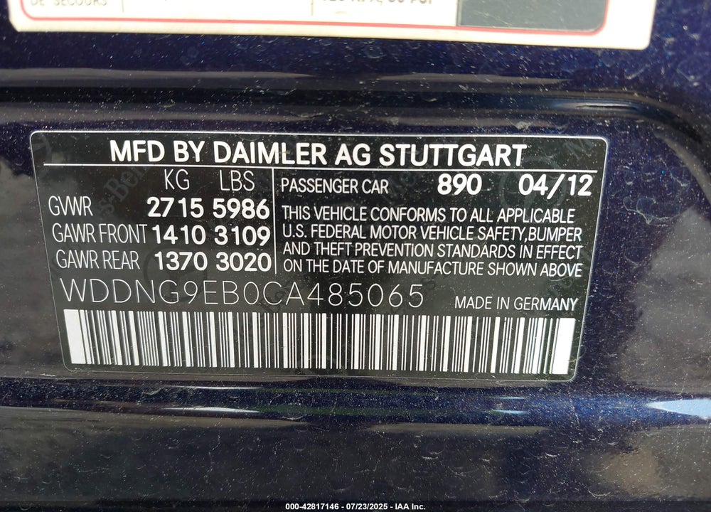 2012 MERCEDES-BENZ S CLASS VIN: WDDNG9EB0CA485065