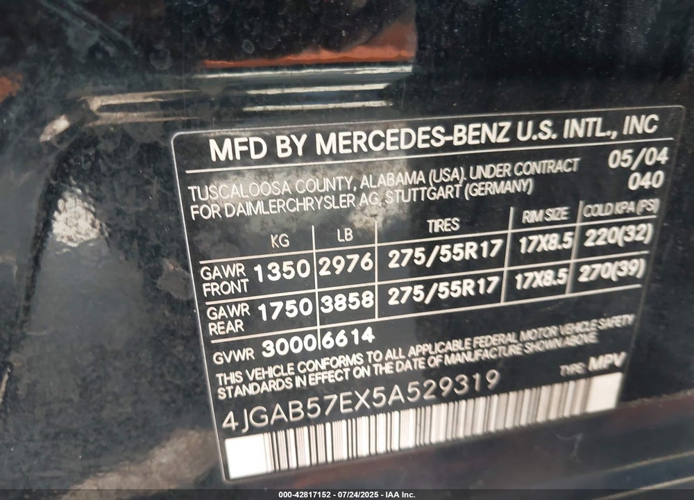 2005 MERCEDES-BENZ ML 350 4MATIC VIN: 4JGAB57EX5A529319