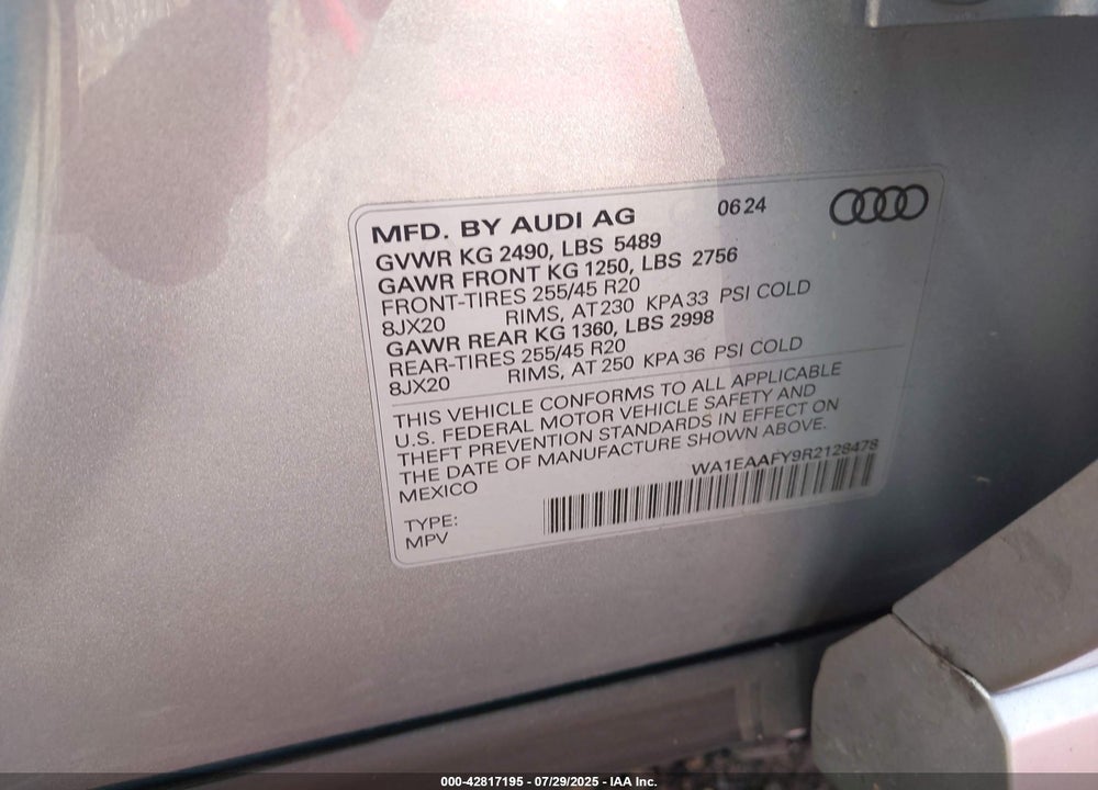 2024 AUDI Q5 VIN: WA1EAAFY9R2128478