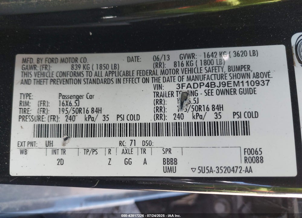 2014 FORD FIESTA VIN: 3FADP4BJ9EM110937