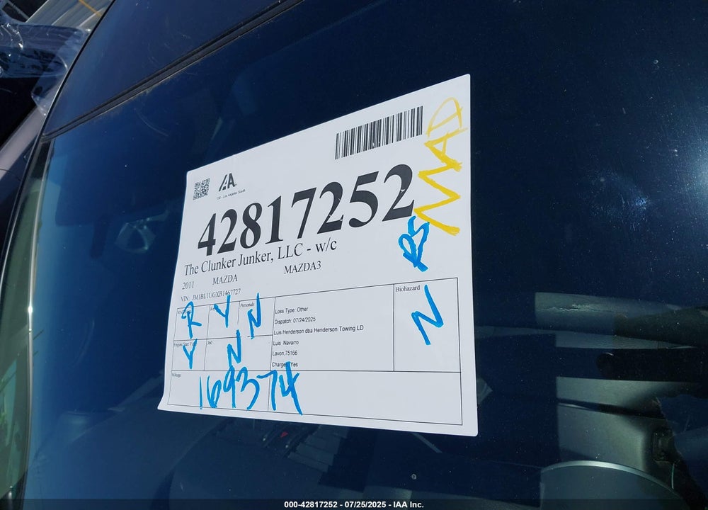 2011 MAZDA 3 VIN: JM1BL1UGXB1467727