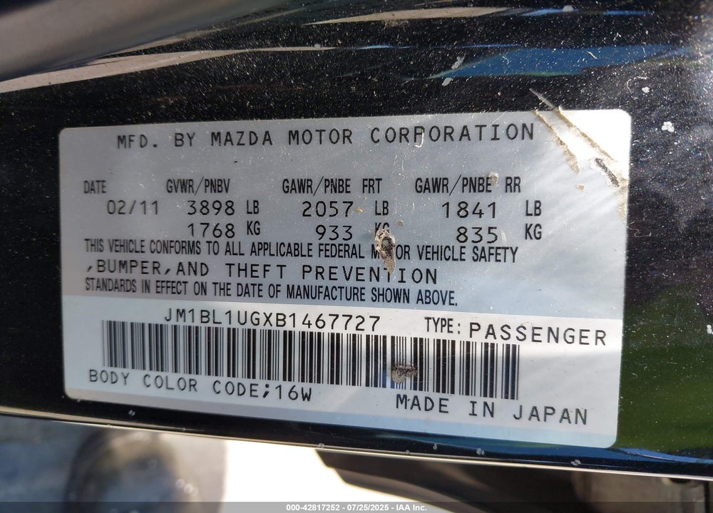 2011 MAZDA 3 VIN: JM1BL1UGXB1467727