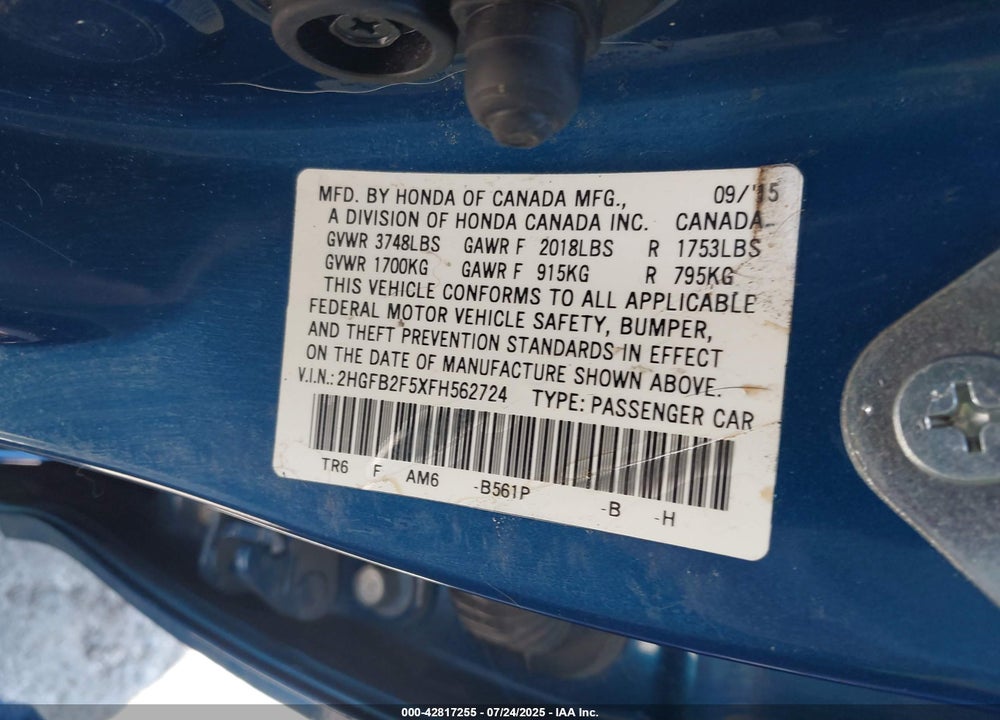 2015 HONDA CIVIC VIN: 2HGFB2F5XFH562724