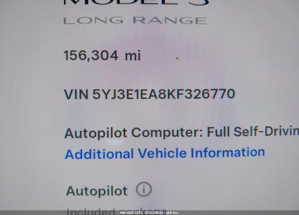2019 TESLA MODEL 3 VIN: 5YJ3E1EA8KF326770