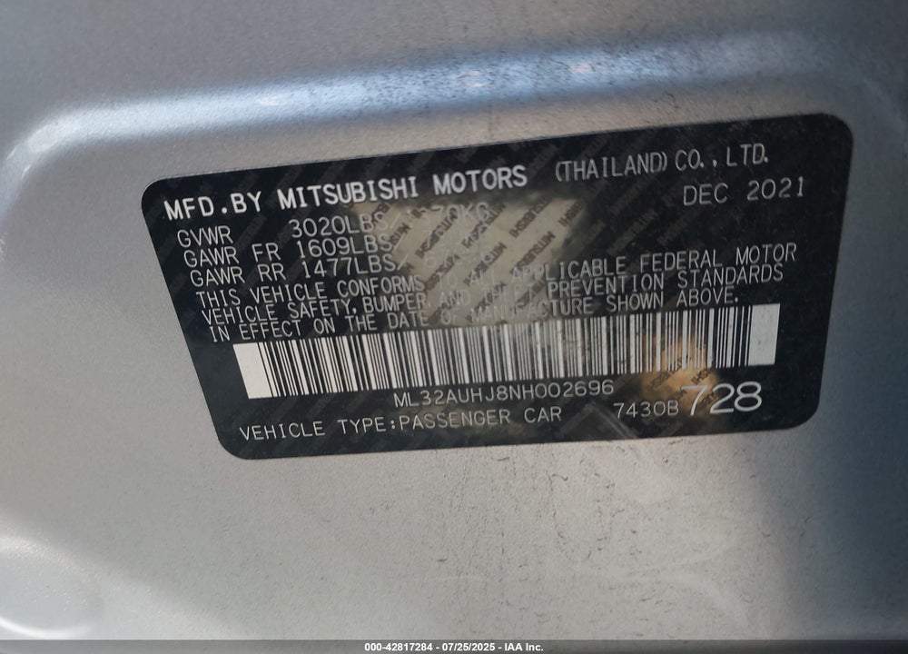 2022 MITSUBISHI MIRAGE VIN: ML32AUHJ8NH002696