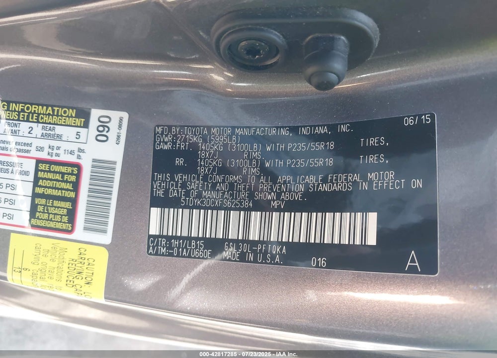 2015 TOYOTA SIENNA LIMITED PREMIUM 7 PASSENGER VIN: 5TDYK3DCXFS625384