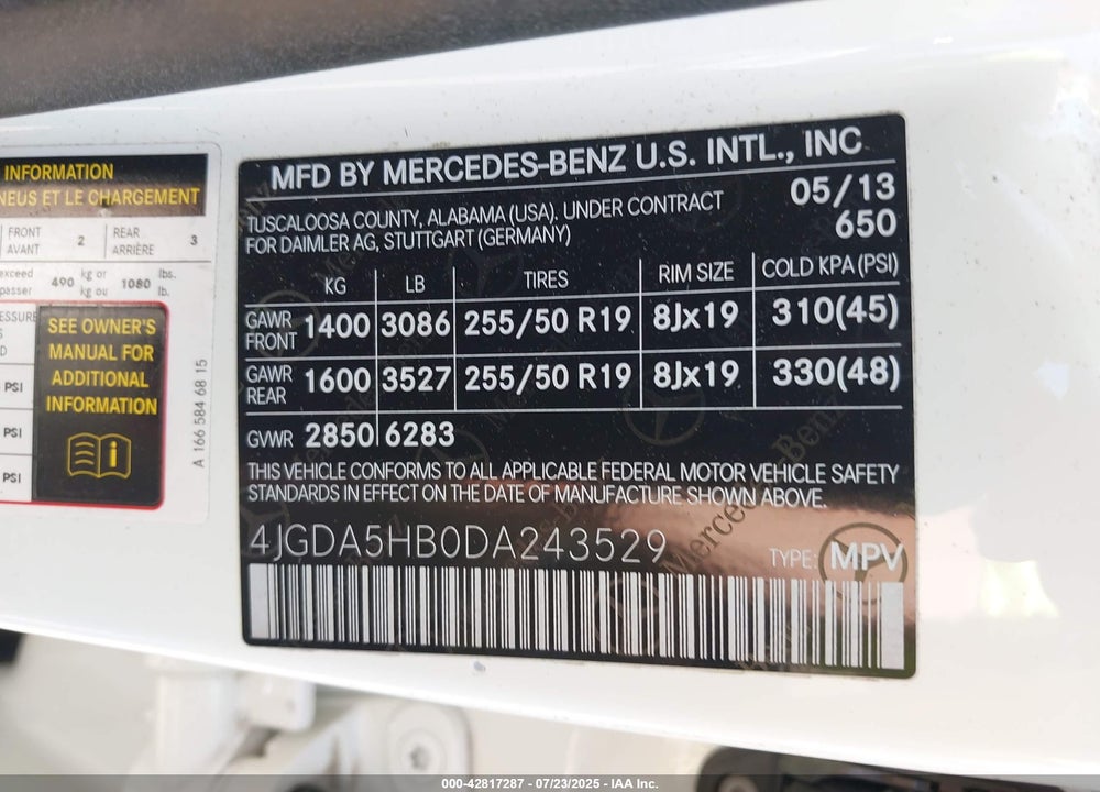 2013 MERCEDES-BENZ ML 350 4MATIC VIN: 4JGDA5HB0DA243529