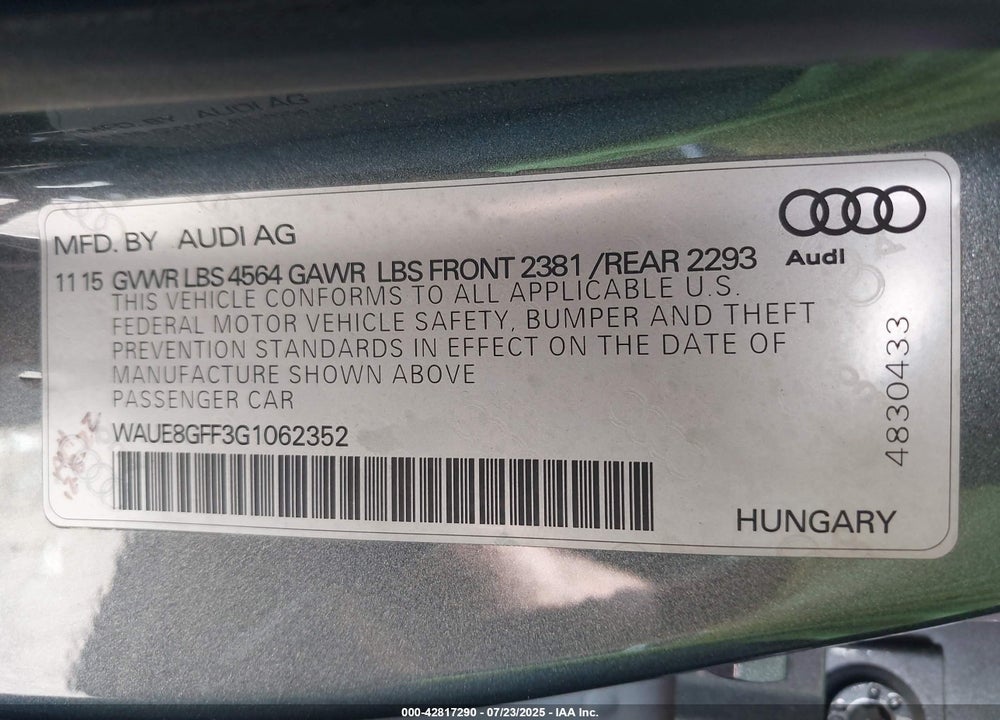 2016 AUDI A3 2.0T PREMIUM VIN: WAUE8GFF3G1062352