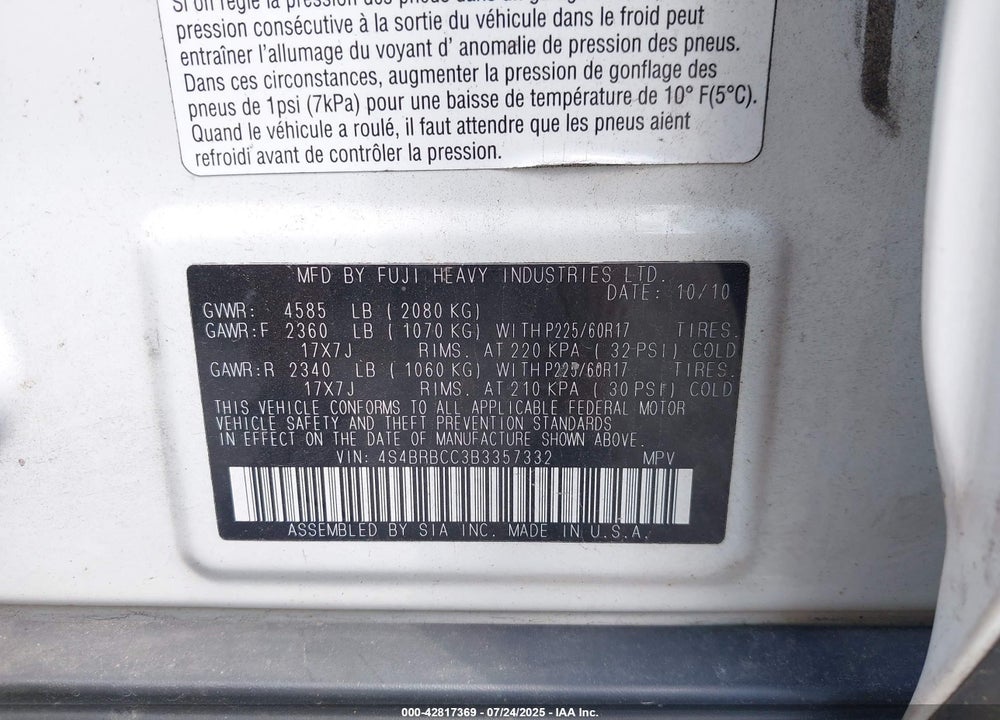 2011 SUBARU OUTBACK VIN: 4S4BRBCC3B3357332