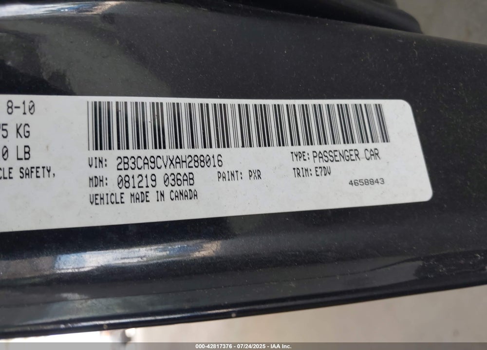 2010 DODGE CHARGER VIN: 2B3CA9CVXAH288016