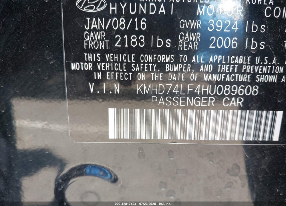 2017 HYUNDAI ELANTRA SE VIN: KMHD74LF4HU089608