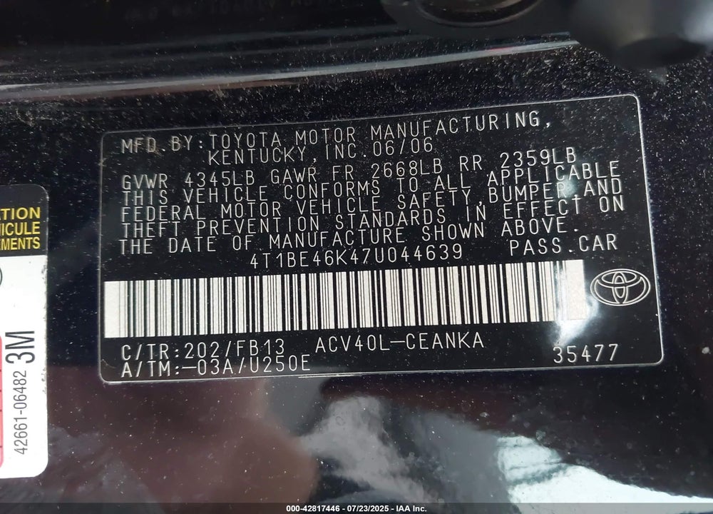 2007 TOYOTA CAMRY VIN: 4T1BE46K47U044639