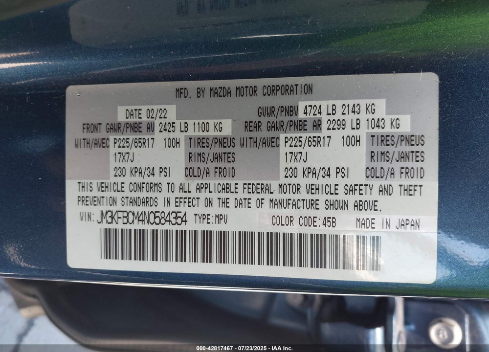 2022 MAZDA CX-5 VIN: JM3KFBCM4N0584354