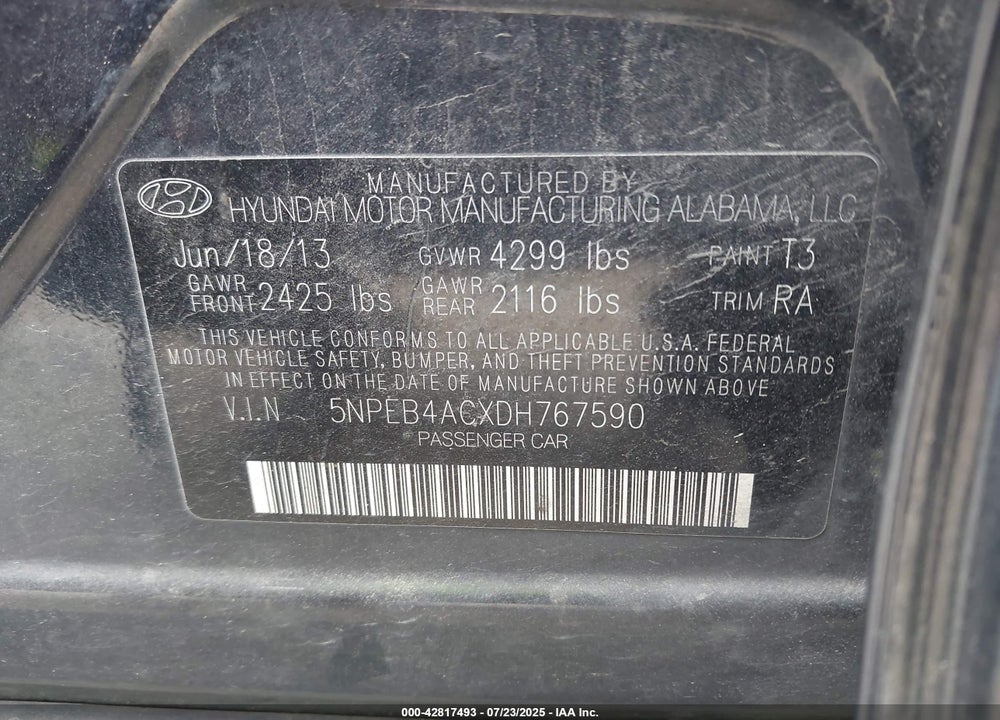 2013 HYUNDAI SONATA VIN: 5NPEB4ACXDH767590