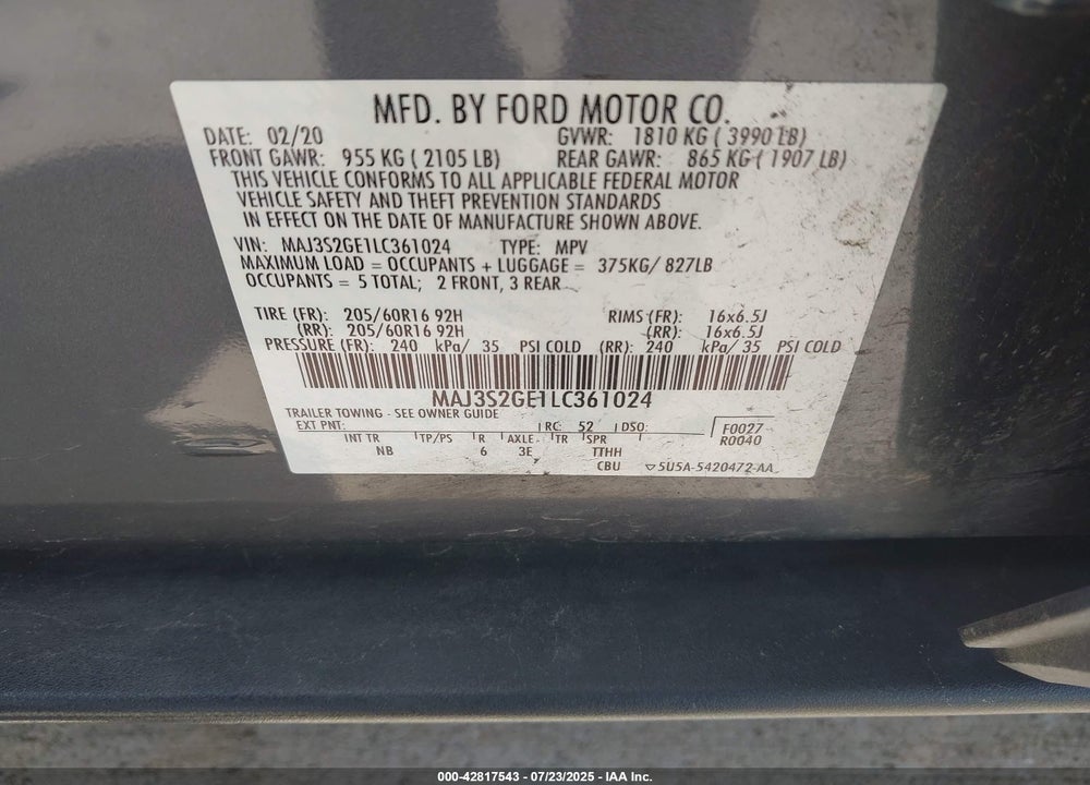 2020 FORD ECOSPORT VIN: MAJ3S2GE1LC361024
