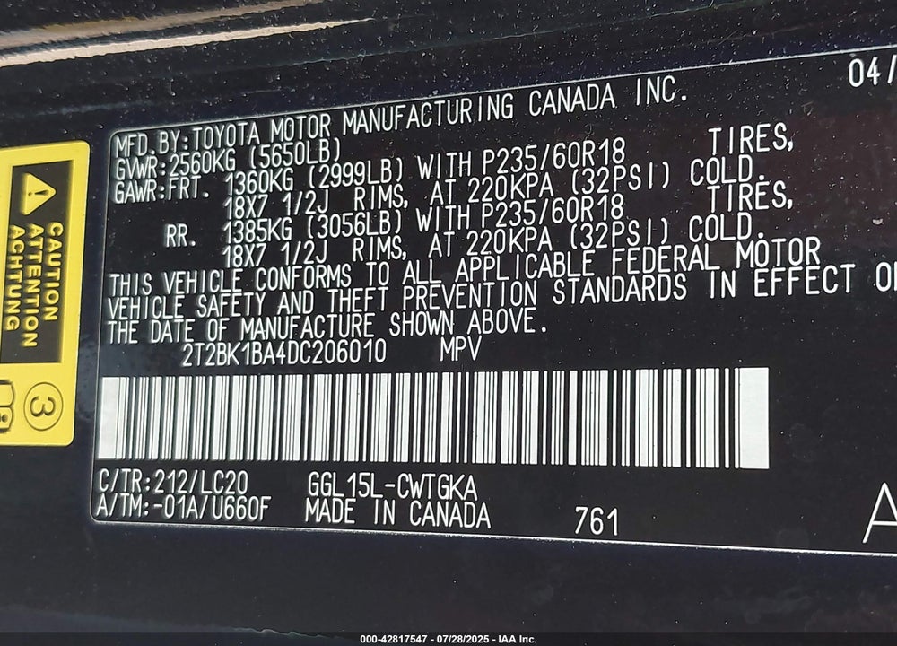 2013 LEXUS RX 350 VIN: 2T2BK1BA4DC206010
