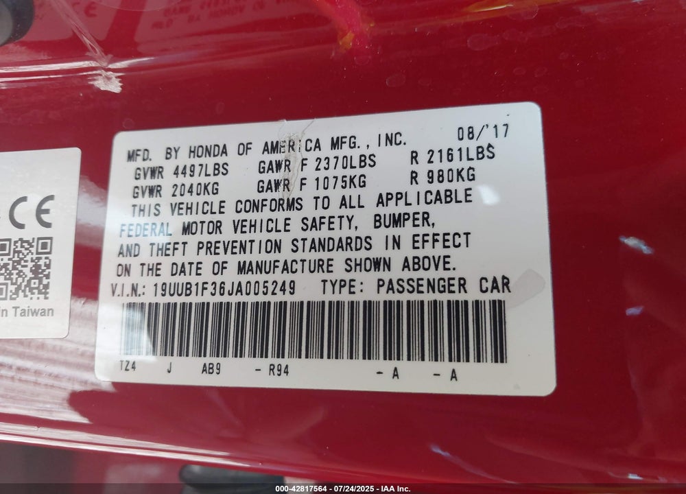 2018 ACURA TLX VIN: 19UUB1F36JA005249