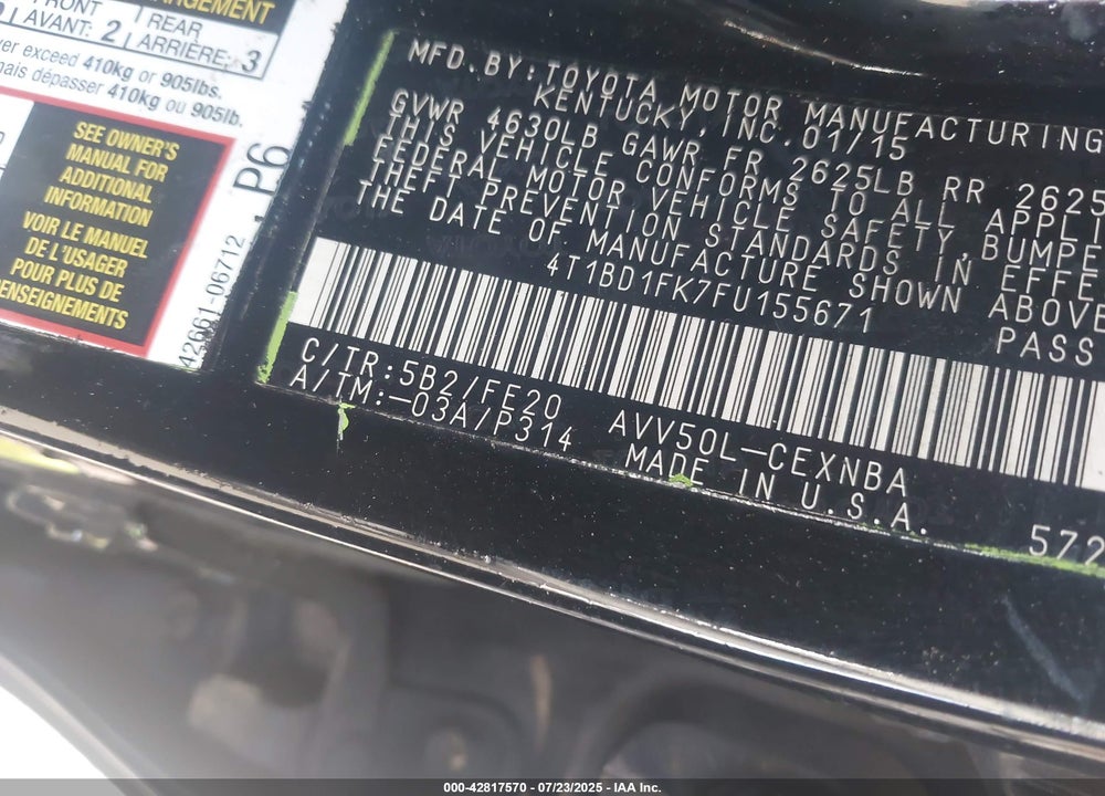 2015 TOYOTA CAMRY HYBRID VIN: 4T1BD1FK7FU155671