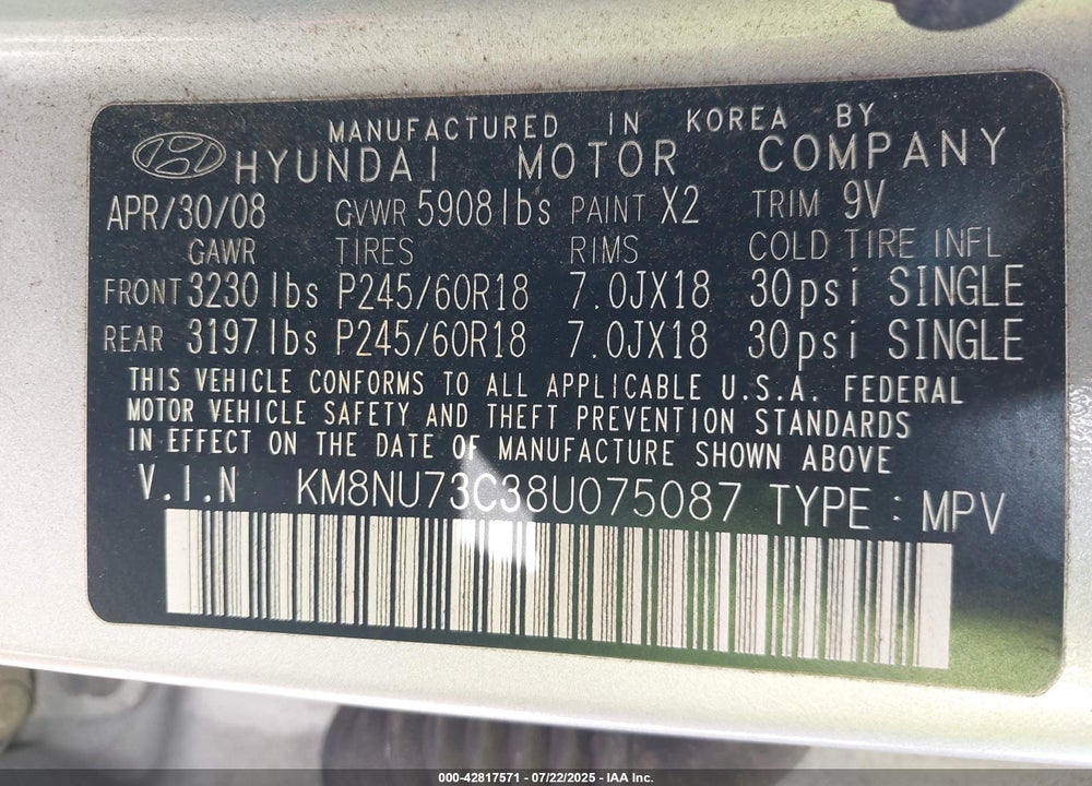2008 HYUNDAI VERACRUZ VIN: KM8NU73C38U075087