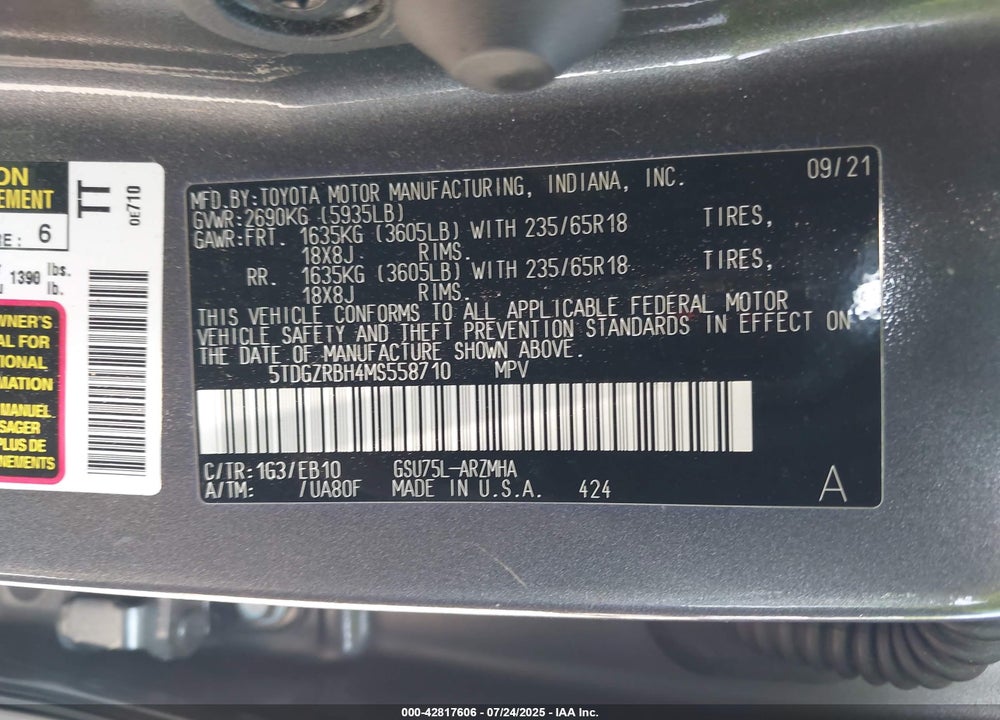 2021 TOYOTA HIGHLANDER XLE VIN: 5TDGZRBH4MS558710