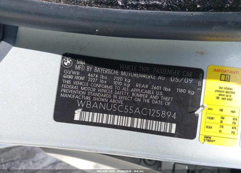 2010 BMW 5 SERIES VIN: WBANU5C55AC125894